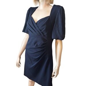 DKNY Mixed Media Sheath Cocktail Dress Gold Metallic Thread Detail Puff Sleeve